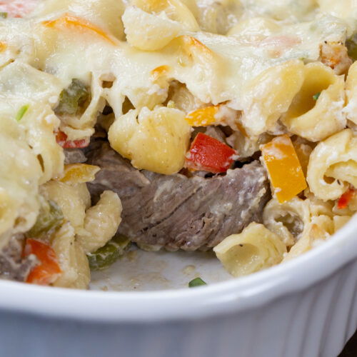 High Protein Ground Beef Cheesesteak Skillet