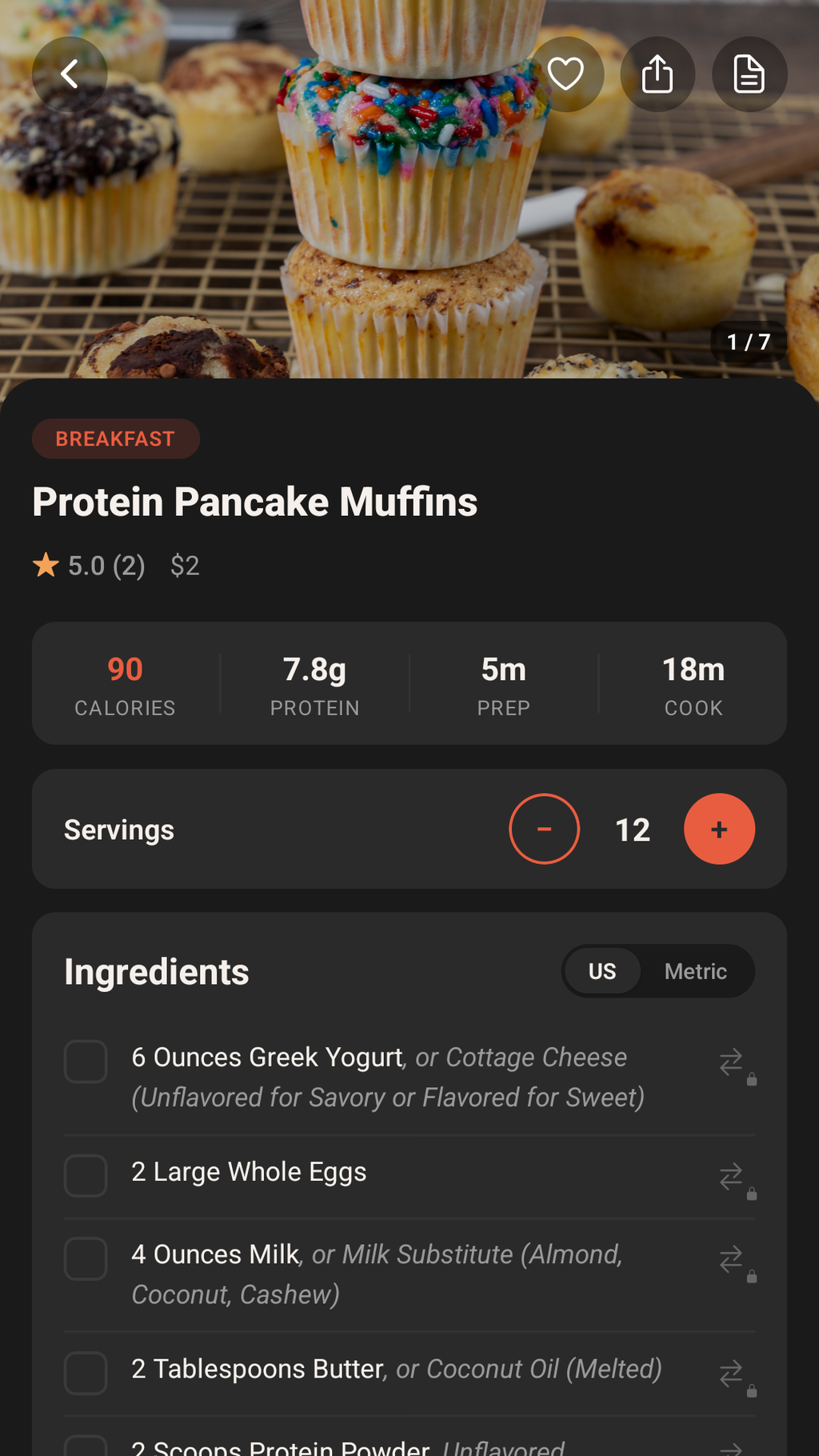 A recipe in the app showing calories, protein, prep and cook time, a servings stepper and the ingredient list